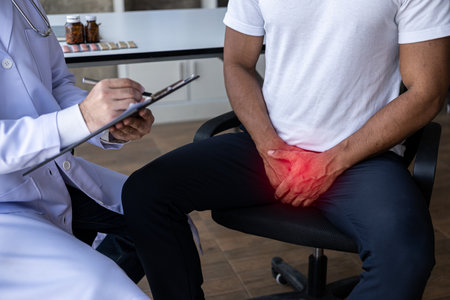 A man with an enlarged prostate examines and consults a doctor. The doctor asks about the patient's...