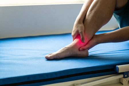 Young man with ankle pain em holding hands on leg in clinic close up
