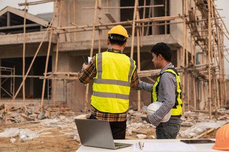 Civil engineers inspect work with walkie-talkies for communicating with the management team....