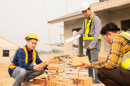 Civil engineers inspect work with walkie-talkies for communicating with the management team....