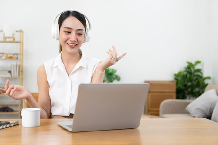 Happy young asian woman wearing headphones excitedly video chatting with laptop computer chatting...