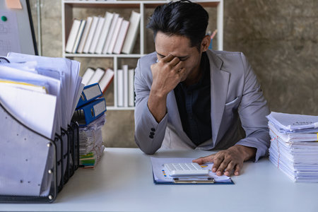 Worried tired black businessman sitting at desk with pile of documents working on computer laptop looking sad and depressed in fatigue and overload.の写真素材