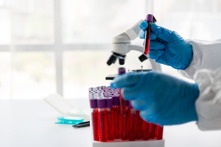 A doctor's hand holds a small vial with a blood test next to other samples. check your blood Close-up shot of a male scientist in a white uniform while working in a laboratory.の写真素材