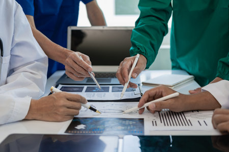 Conferences, healthcare and doctors online for research, planning and managing hospital schedules. Healthcare teams, professionals and people connected to work together. close up pの写真素材