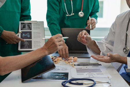 Conferences, healthcare and doctors online for research, planning and managing hospital schedules. Healthcare teams, professionals and people connected to work together. close up pの写真素材