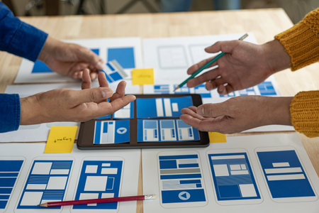 A team of UI UX web designers is working together to develop a mobile responsive website by previewing UI UX Front End Designer website development ideas.の写真素材