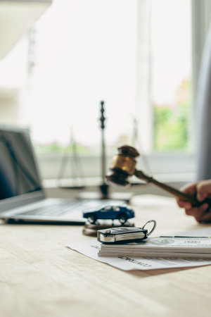 Car accident and hammer case on table or bail court case, judge decides, dispute over car seizure,...