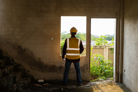 Young Asian engineer inspects architecture, construction project concept, young professional engineer in helmet and blueprint paper at house construction site.の写真素材