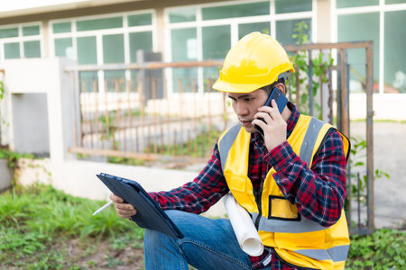Young Asian engineer inspects architecture, construction project concept, young professional...