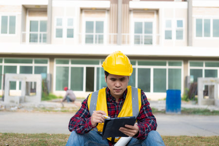 Young Asian engineer inspects architecture, construction project concept, young professional...
