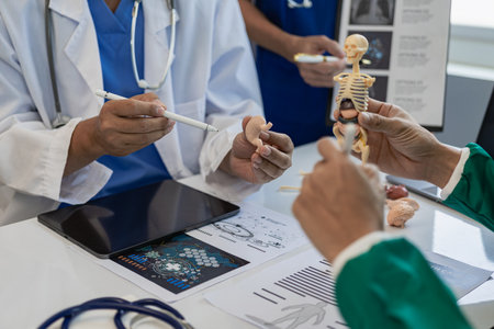 Medical teams sit in meetings with laptops around tables. Doctors and staff discuss documents and test results. Healthcare professionals in hospitals Close-up pictureの写真素材
