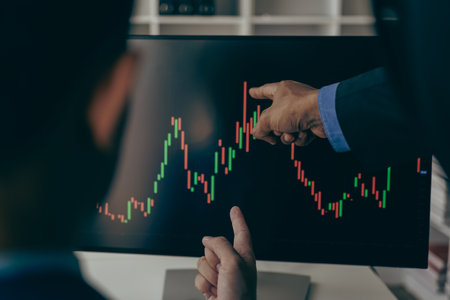 Stock market or forex trading graph and candlestick chart suitable for financial investment concept. Economy trends background for business idea and all art work design. Abstract finance background.の写真素材
