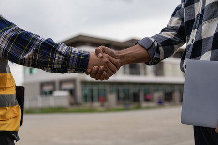 Architect and construction engineer holding hands while working for teamwork and cooperation concept after completing an agreement at office construction site. Close-up pictureの写真素材
