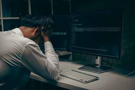 Programmer Coding - Coder works from home ready to work on a computer screen to learn and develop digital coding scripts.の写真素材