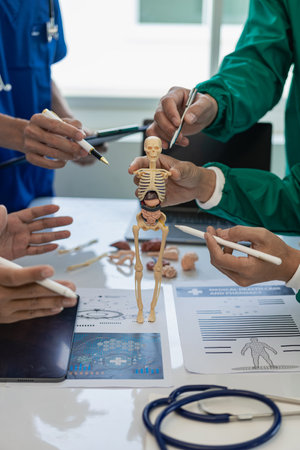 Meeting Asian medical team to find solutions for surgery and treatment, healthy concept, hospital, doctor, diagnosis and testing, research data. vertical pictureの写真素材