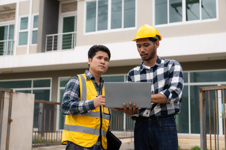Two young Asian engineers, architects, men are talking about construction. Follow the project to...