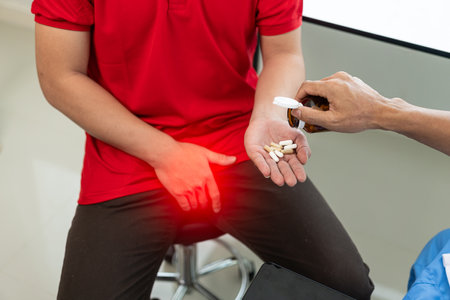 A man consults a doctor about prostate enlargement and pain from frequent urination. A young man consults with a doctor about the causes of erectile dysfunction in an examination rの写真素材