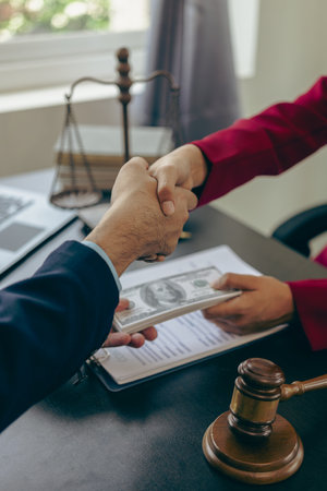 Businessman offers a bribe to a lawyer, legal advisor to help with a case, signing a document. Business contract, bribery, close-upの写真素材