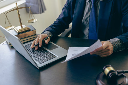 The weighing scale of justice Lawyer behind the scenes, law, justice, jurisdiction concept, judge, hammer, lawyer working on documents Laws, advice and ideasの写真素材