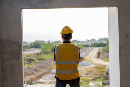 Asian construction site manager wearing safety vest and helmet thinking at architect construction...