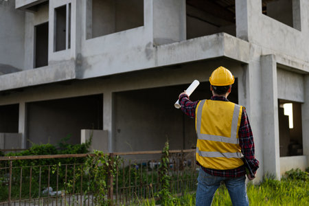 Asian construction site manager wearing safety vest and helmet thinking at architect construction...