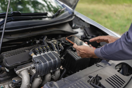 Auto mechanic looks under the hood of a broken car and checks the oil level on the side of the road....