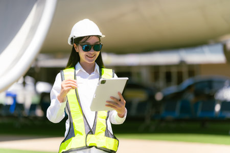 Portrait of a female engineer using digital tablet while standing in front of an aircraft