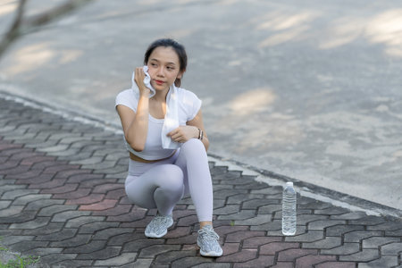 Get fit Asian girls in sportswear, stretch your muscles in the park before running and enjoy healthy outdoor activities in the park.の写真素材