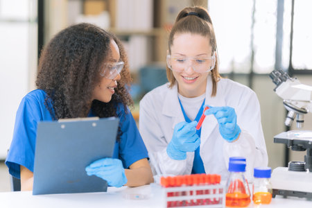 Two beautiful female doctors sitting at a table in a science lab with test flasks. Colorful glass bottles filled with various liquids on table with microscopeの写真素材