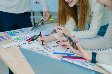 UX/UI designers discuss and brainstorm layouts for websites and mobile app prototypes. in website and mobile application design conceptsの写真素材
