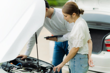 Inspector inspecting damaged car, demonstrating trust and confidence. Satisfaction with service delivery.の写真素材