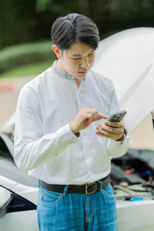 A young man uses his phone to call an insurance agent to make a claim. His car was damaged in an...