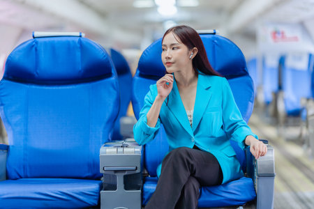 Asian businesswoman contemplating while traveling on jetの写真素材