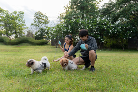 Asian couple walking with their dog in the park in the morning. Friendly pets, a healthy morning...