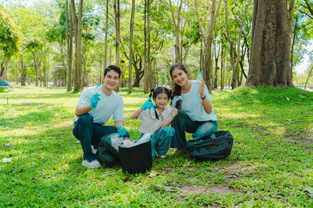 Asian family on summer vacation, parents teaching children to pick up plastic bottles and trash in public park, volunteer concept to protect the environment.の写真素材