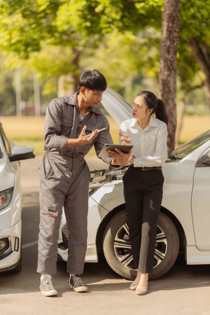 Insurance Agent Inspects Car Damage After Accident Cars damaged after car accidents are promptly...
