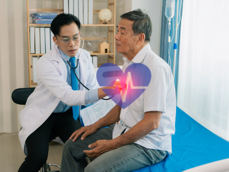 Image of a doctor examining a patient with a stethoscope to listen to the heartbeat of a male...