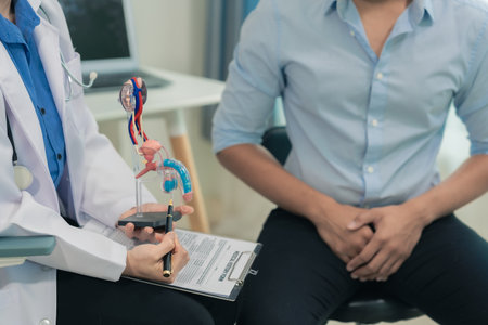 A doctor is assessing a man's health problems, such as an enlarged prostate, symptoms of urinary tract infection, close-up image.の写真素材