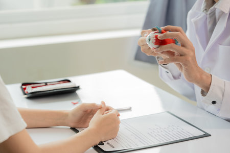 Close-up of doctor holding eye model to patient discussing something while sitting at table.の写真素材