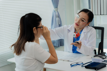 Female doctor holding human eye structure in clinic explaining eye model to patient while sitting in clinic.の写真素材