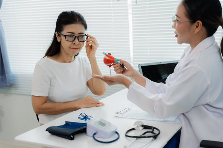Female doctor holding human eye structure in clinic explaining eye model to patient while sitting in clinic.の写真素材