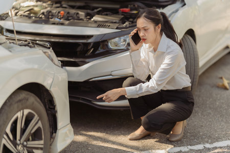 A woman uses her cell phone to call her insurance company for help to report car damage and get her car repaired.の写真素材