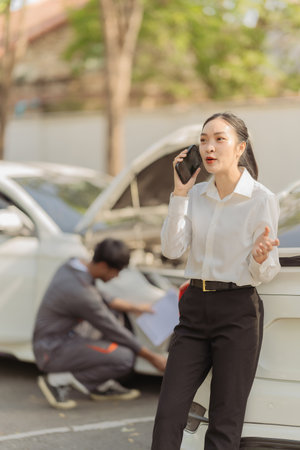 Asian woman on the phone asking for help in making an insurance claim after a car accident. Calling...