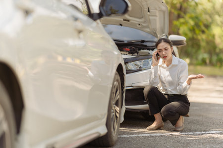 A woman uses her cell phone to call her insurance company for help to report car damage and get her...