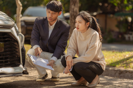 Asian man and woman sitting on the road with car insurance claim form. Car accident compensation. Transportation concept. Traffic accident and insurance.の写真素材