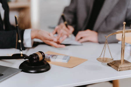 A lawyer is signing a contract document with a client in a courtroom, making a contract agreement...