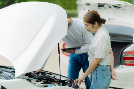 Traffic accident, insurance agent inspects damaged vehicle and customer signs claim form after accident on roadside.の写真素材