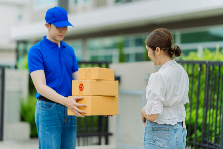 Delivery man wearing blue shirt is delivering packaged goods to young female customer at front door delivery conceptの写真素材