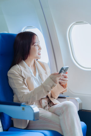 A young Asian woman is using her mobile phone while sitting on an airplane seat, surfing the internet and reading news during the flight.の写真素材