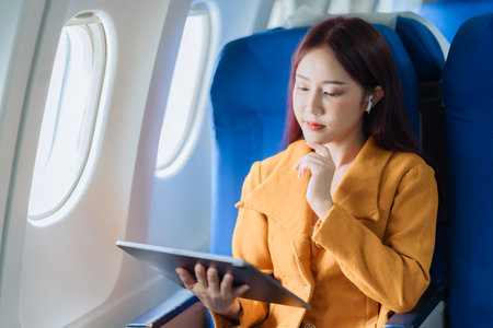 Asian woman using digital tablet while traveling by plane. Female passenger using digital device in cabin near window. She is traveling for business.の写真素材